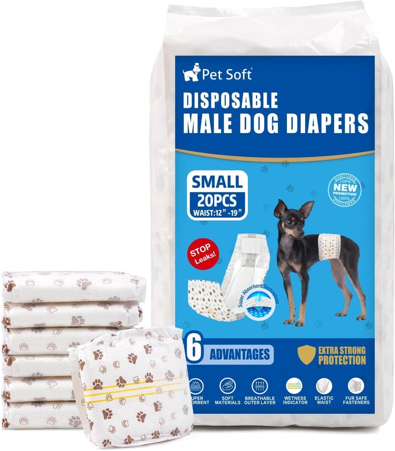 Pet Soft Dog Diapers Male - Disposable Male Dog Wraps Wetness Indicator, Ultra Absorbent Doggie Diapers Comfortable for Incontinence Excitable Urination, 20pcs Small - Image 1
